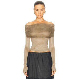 Christopher Esber Sonora Veiled Long Sleeve Top in Linseed 4 New Womens Blouse